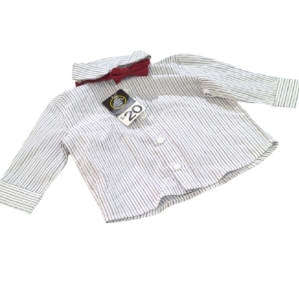 Pinstriped Dress Shirt w/ Red Bow Tie | 3–6 Months| George